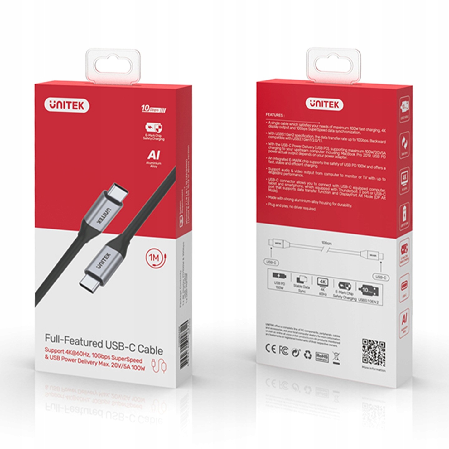 KABEL UNITEK USB-C – USB-C 1 m 100W 4K 60Hz 10Gbps C14082ABK CZARNY