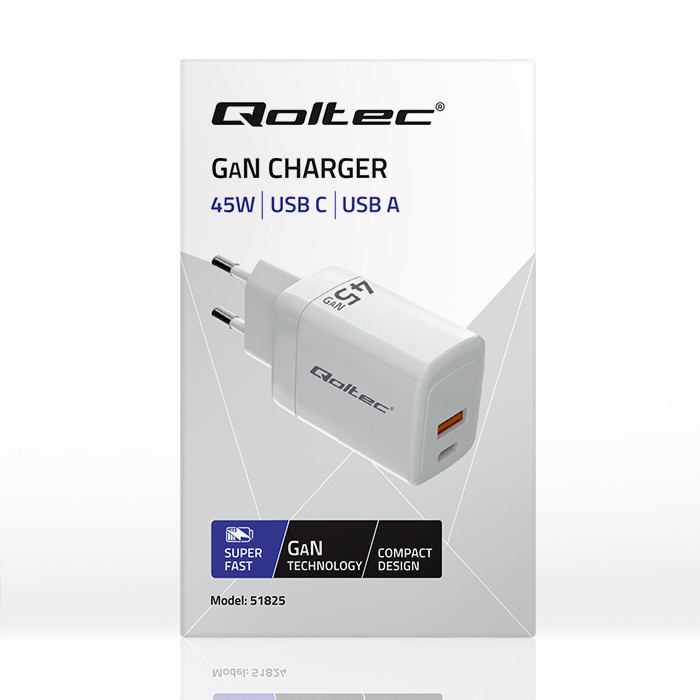ŁADOWARKA SIECIOWA QOLTEC 45W GaN USB-C PD + USB-A QC 3.0 BIAŁA - obrazek 3