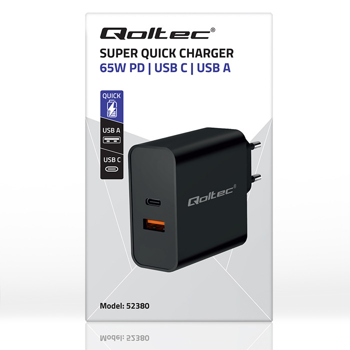ŁADOWARKA SIECIOWA QOLTEC SUPER QUICK PD 65W USB-C + USB-A CZARNA - obrazek 3