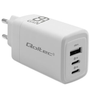 ŁADOWARKA SIECIOWA QOLTEC 65W GaN POWER PRO – 2 × USB-C PD + USB-A QC 3.0 BIAŁA