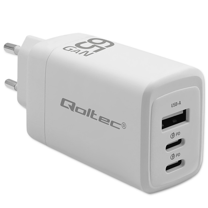 ŁADOWARKA SIECIOWA QOLTEC 65W GaN POWER PRO – 2 × USB-C PD + USB-A QC 3.0 BIAŁA