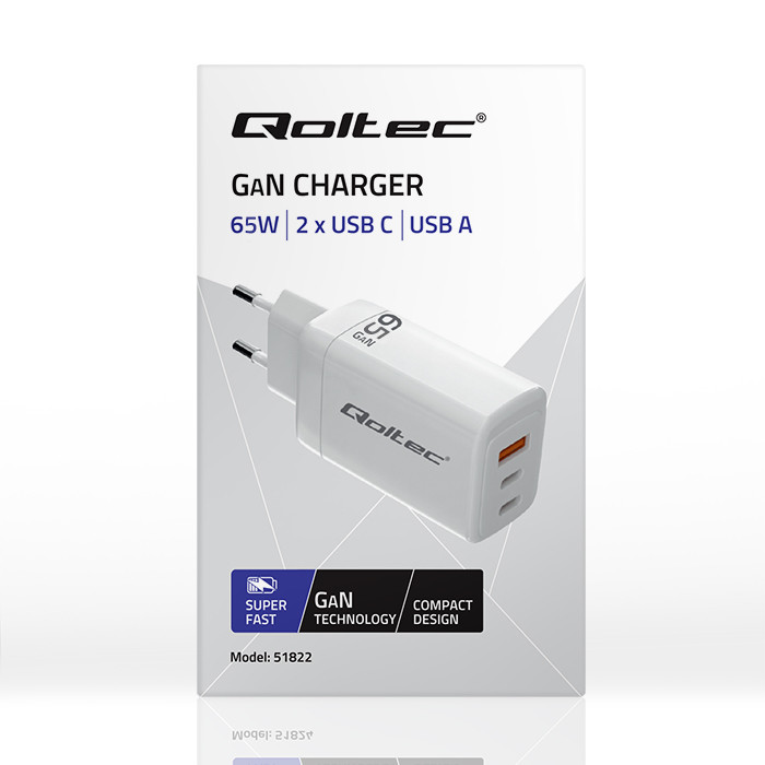 ŁADOWARKA SIECIOWA QOLTEC 65W GaN POWER PRO – 2 × USB-C PD + USB-A QC 3.0 BIAŁA - obrazek 3