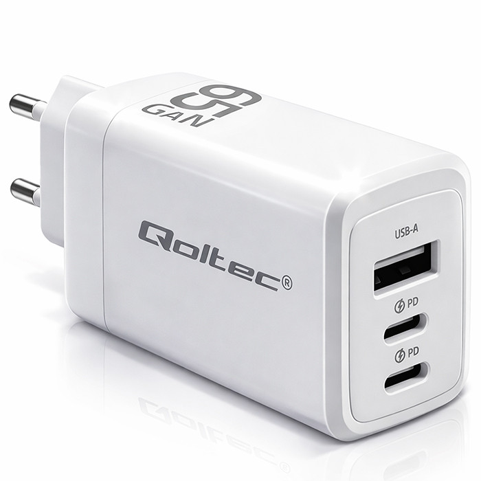 ŁADOWARKA SIECIOWA QOLTEC 65W GaN POWER PRO – 2 × USB-C PD + USB-A QC 3.0 BIAŁA - obrazek 2